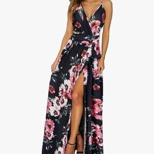 NWT Newshows Women's V Neck Spaghetti Strap Casual Split Long Maxi Dress